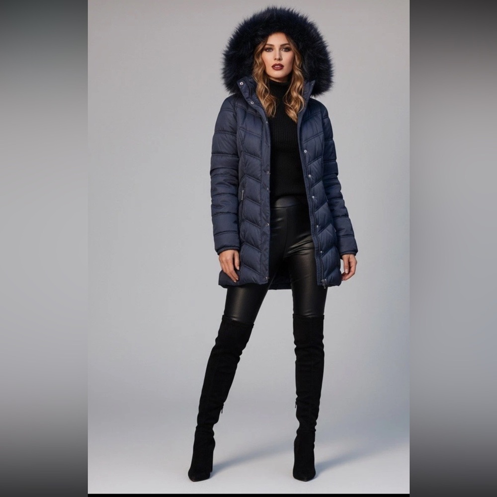 Kenneth Cole Womens Faux Fur Puffer Quilted Removable Hood Jacket Navy Blue‎ XS